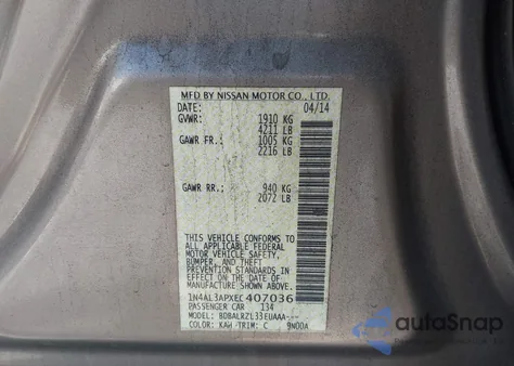 2014 Nissan Altima 2.5/2.5 S/2.5 Sl/2.5 Sv z USA, uszkodzony, nr VIN 1N4AL3APXEC407036